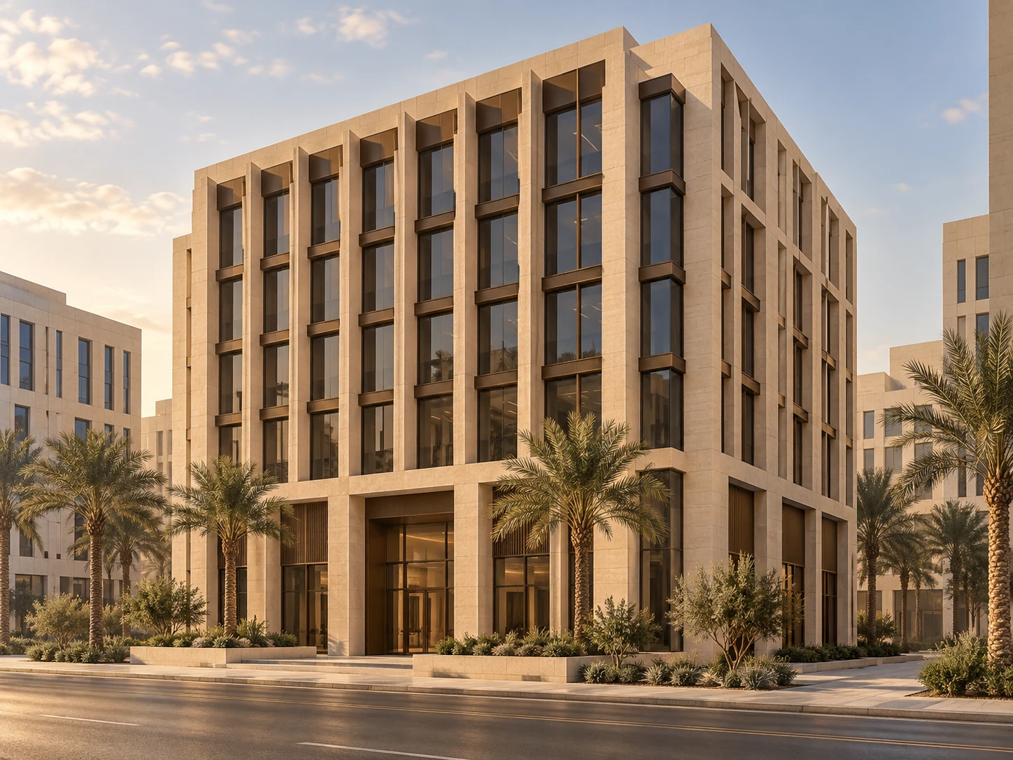 تصور معماري توضيحي لمبنى مكاتب بطابع سعودي معاصر