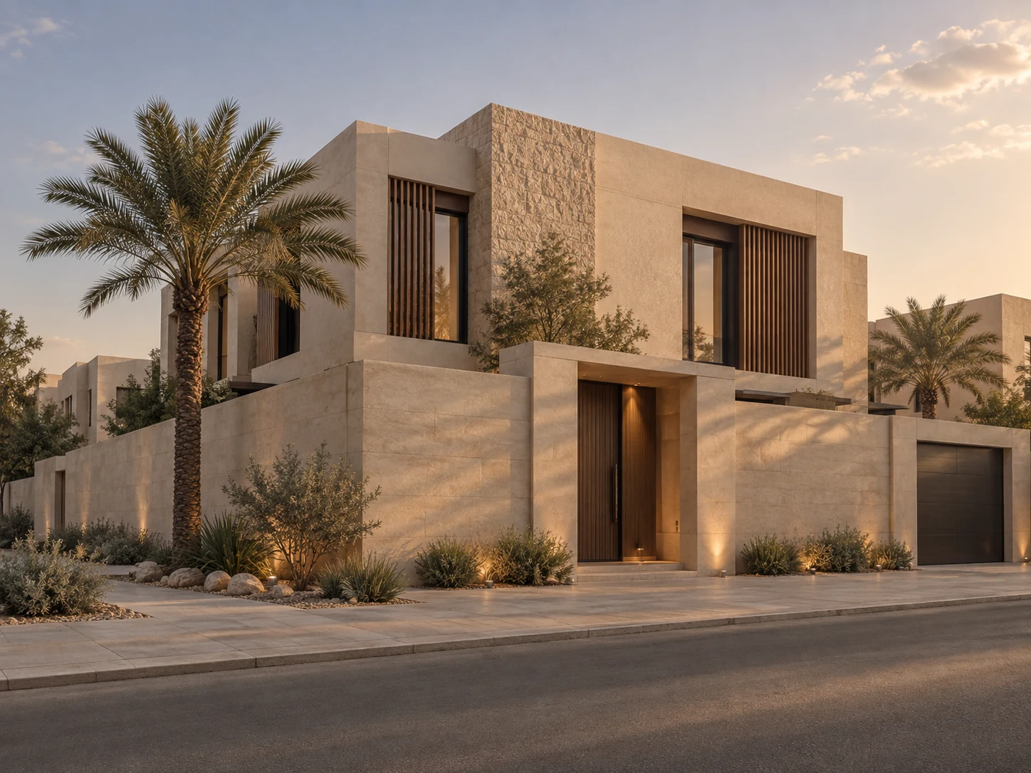 تصور معماري توضيحي لفيلا بواجهات حجرية وطابع سعودي معاصر